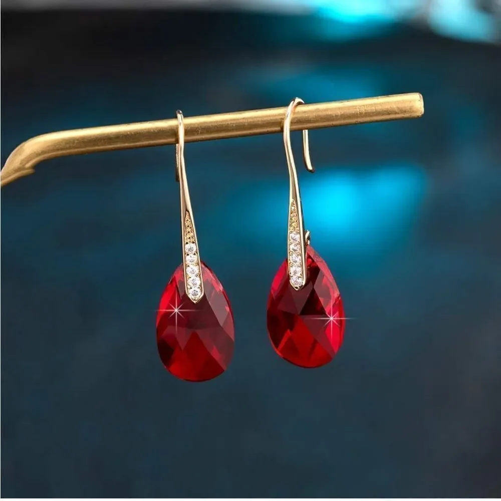 14K Yellow Gold with Ruby Red Austrian Crystal Teardrop Drop Hook Earrings